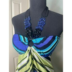 Fresh of LA Beaded Neck Striped Halter Maxi Dress Women's Small Made in USA